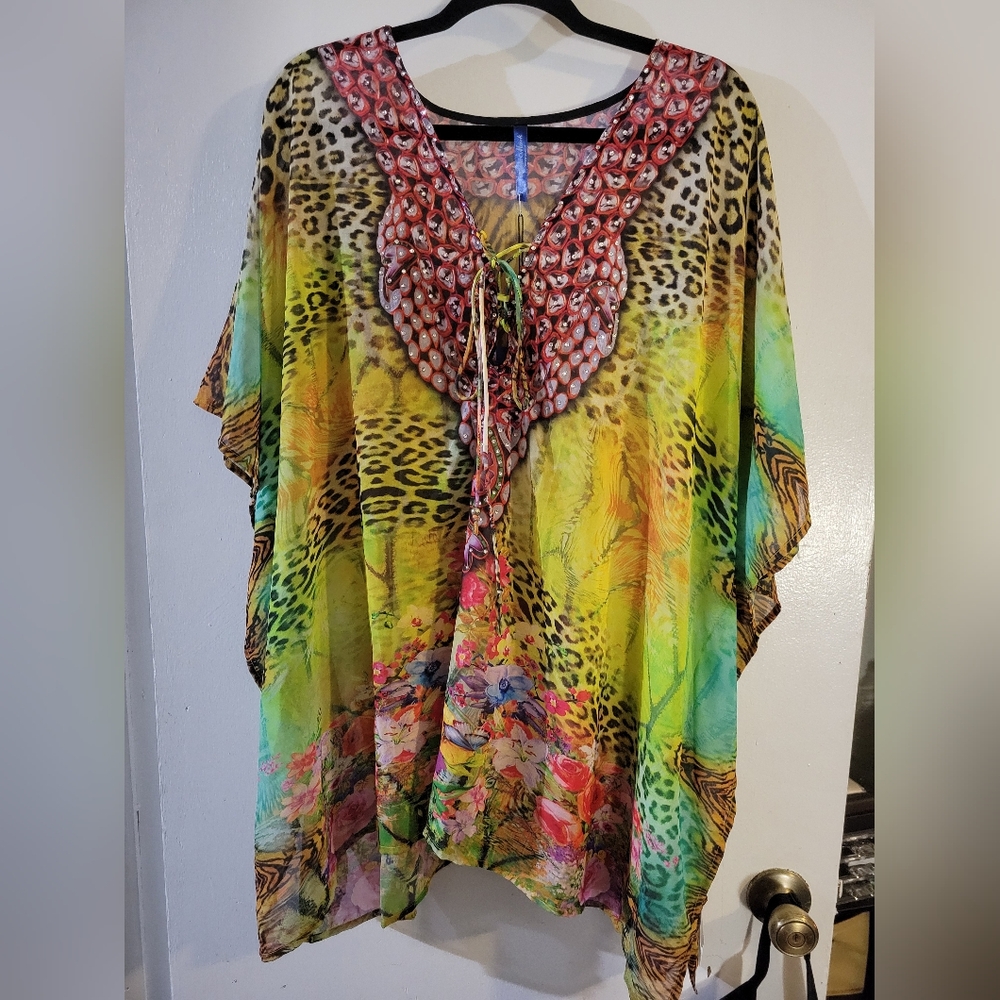 White Mark Women's Plus Size Colorful Sheer Caftan with Tie-Up Neckline